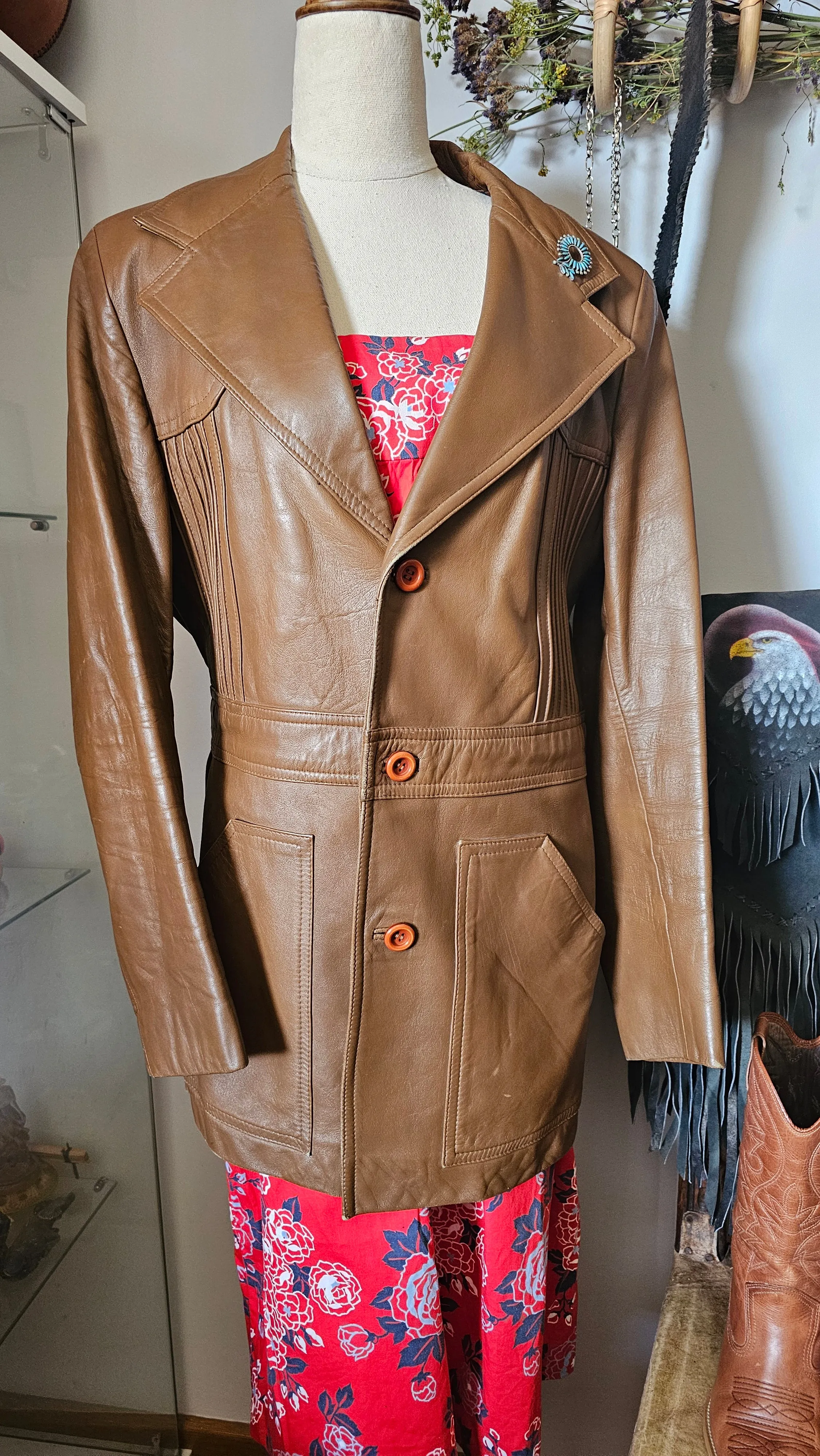 Vintage Women's Brown Tan Leather Jacket – Retro Boho Charm 14/16