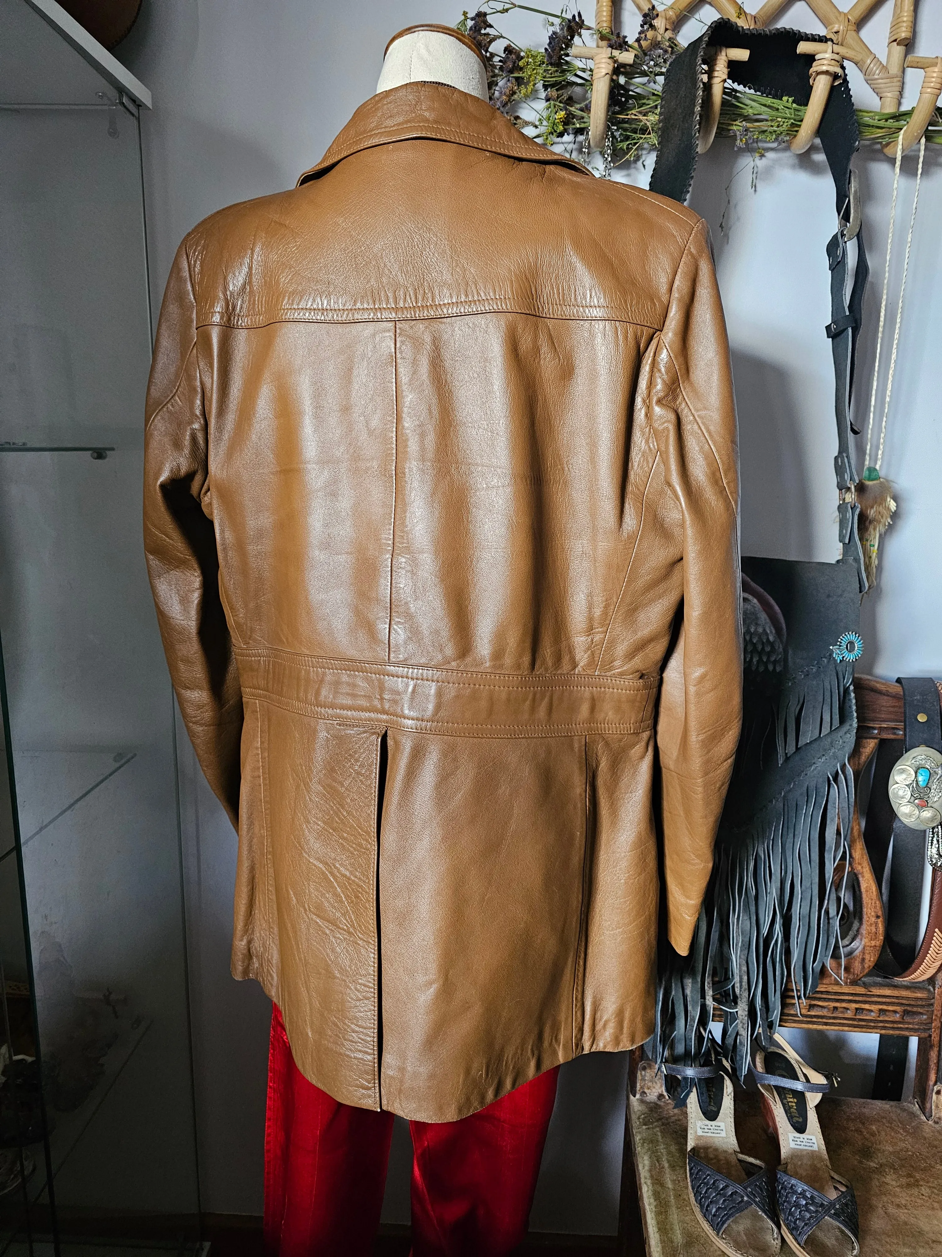 Vintage Women's Brown Tan Leather Jacket – Retro Boho Charm 14/16