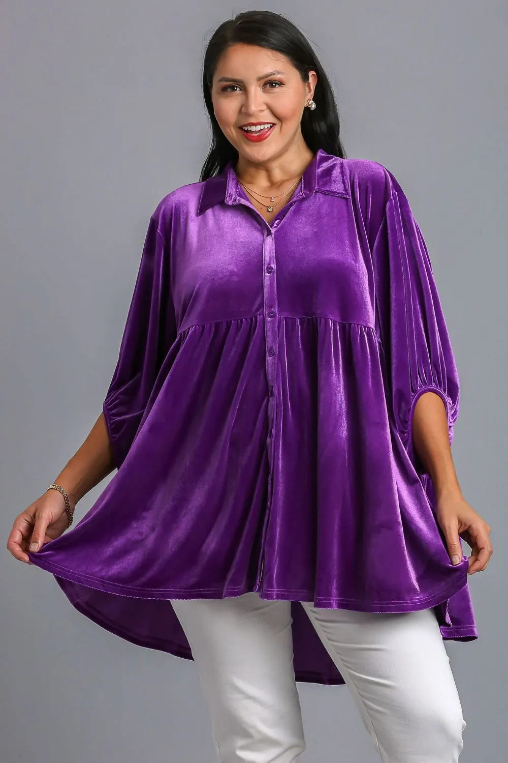 Violet Button Down Tiered Back High Low Shirt
