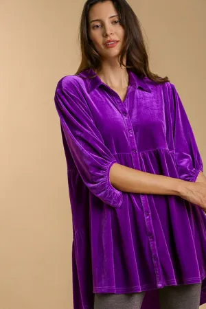 Violet Button Down Tiered Back High Low Shirt