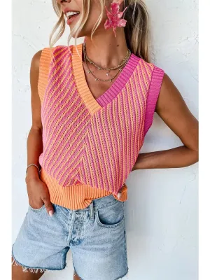 Vneck Sleeveless Sweater - Hot Pink/Orange