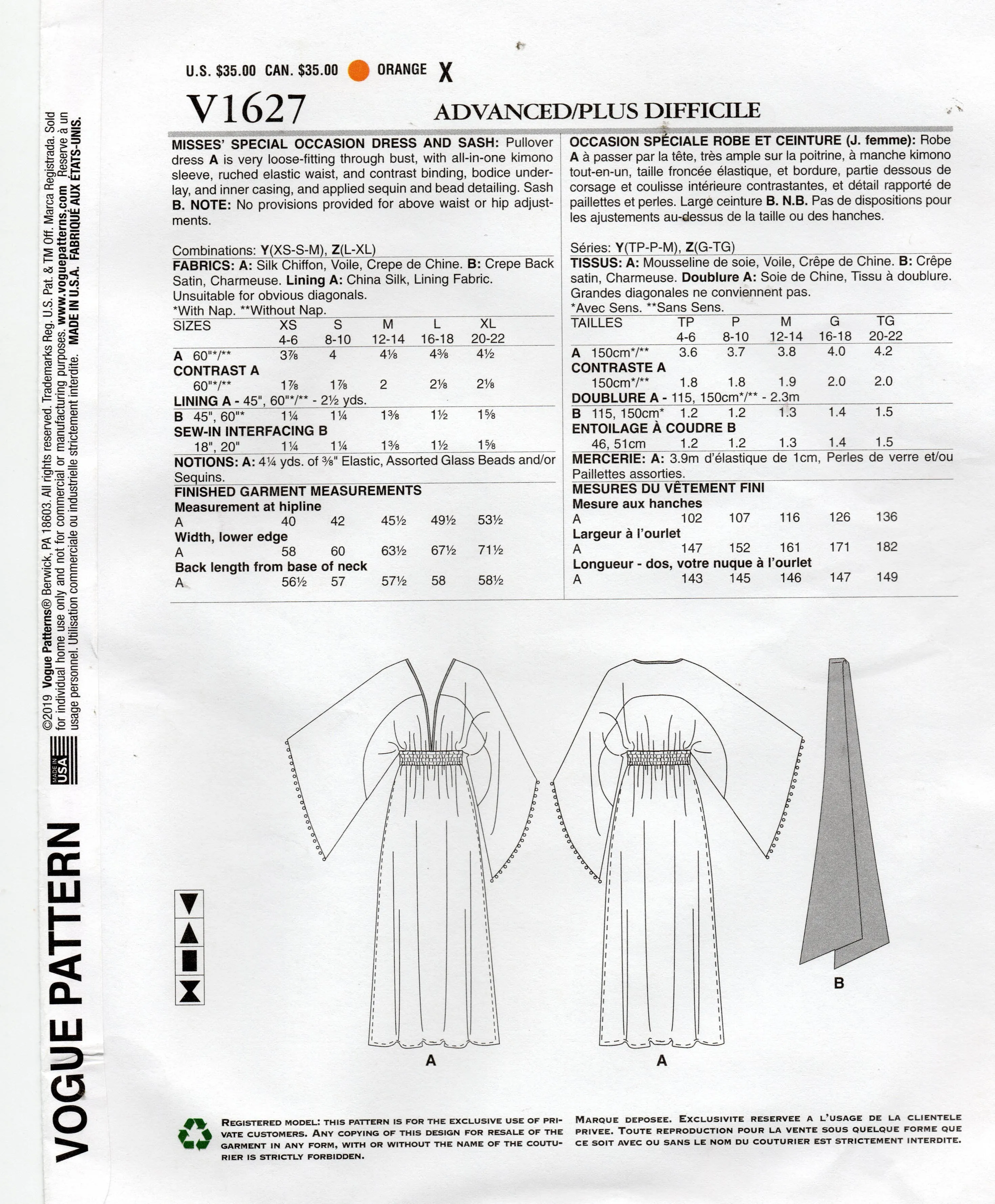 Vogue American Designer 1627 ZANDRA RHODES Womens Evening Kimono Dress & Sash Sewing Pattern Sizes XS-M or L-XL UNCUT Factory Folded