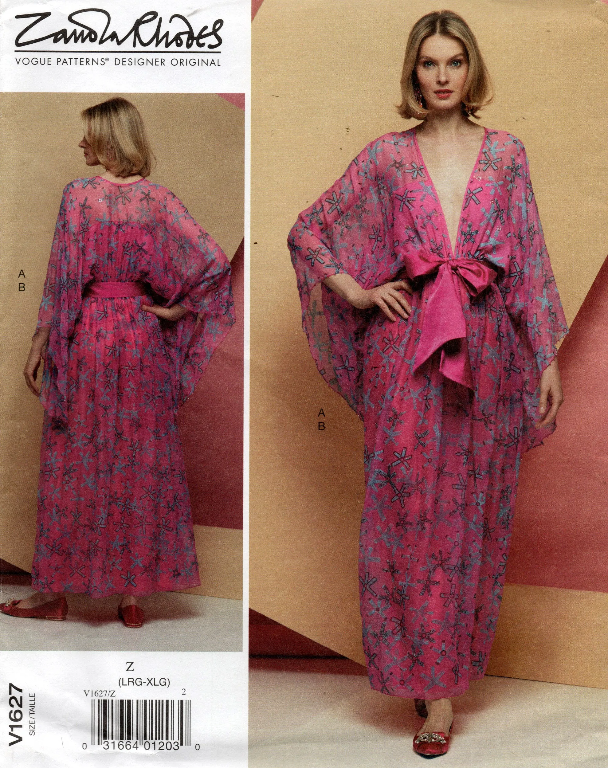 Vogue American Designer 1627 ZANDRA RHODES Womens Evening Kimono Dress & Sash Sewing Pattern Sizes XS-M or L-XL UNCUT Factory Folded