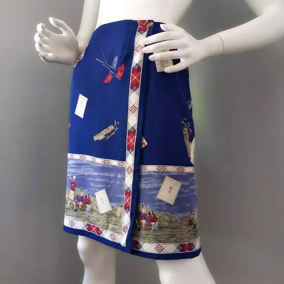 Vtg Talbots Silk Art Deco Golf Print Miniskirt M
