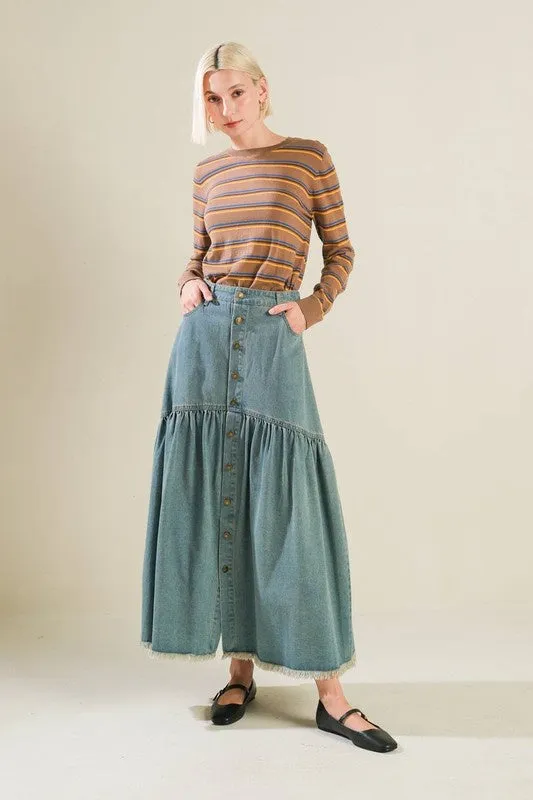 Washed Denim Chic Midi Skirt