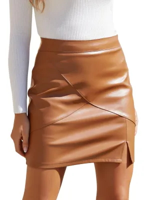 We1Fit Womens Fuax Leather Skirt High Waisted Bodycon Pencil Mini Skirts with Shorts Brown