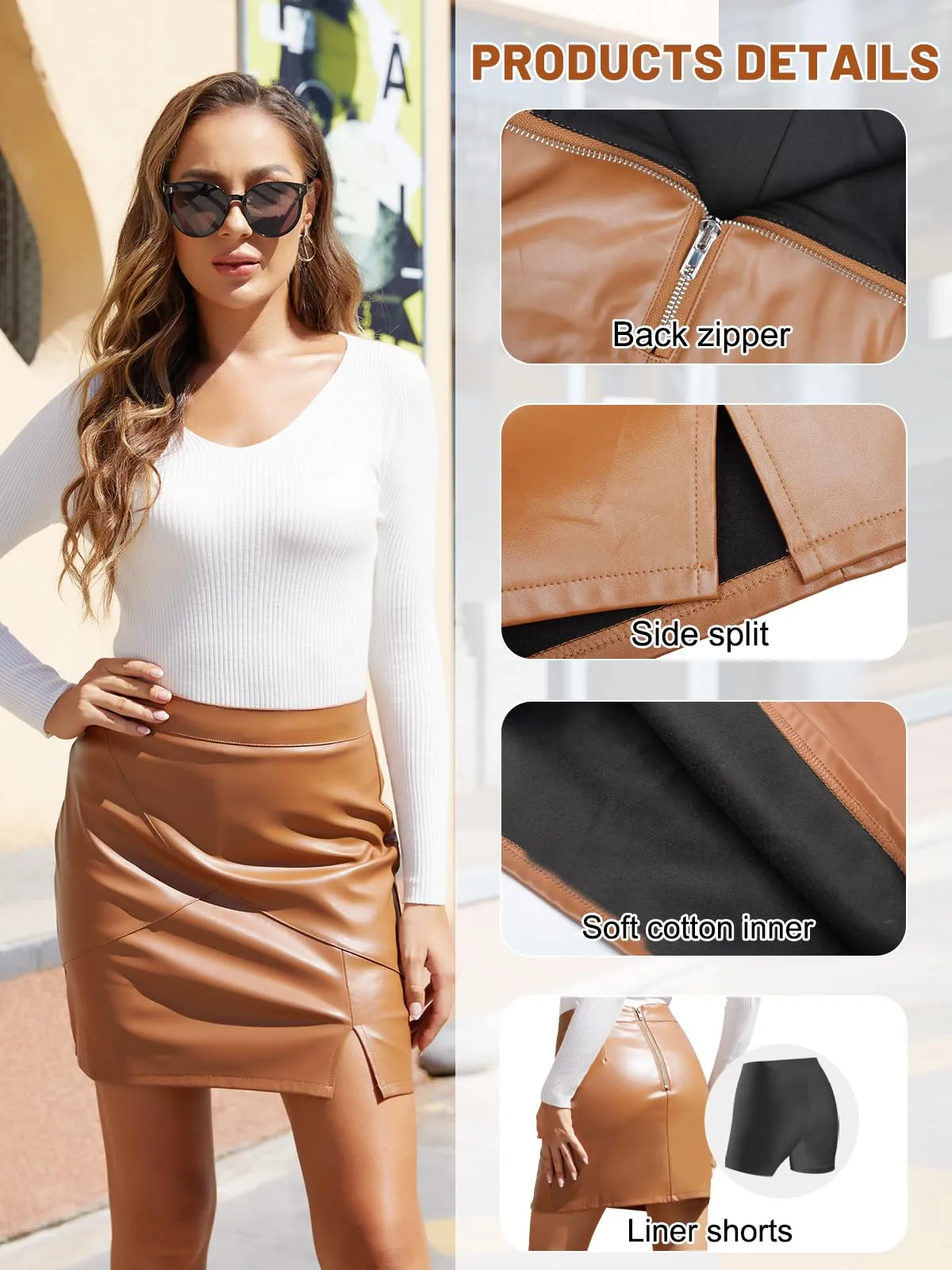 We1Fit Womens Fuax Leather Skirt High Waisted Bodycon Pencil Mini Skirts with Shorts Brown