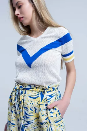 White openwork sweater with blue detail