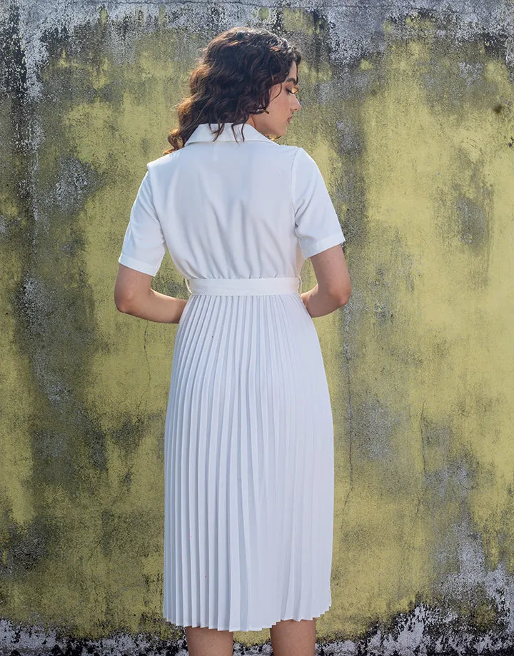 White Pleated Dress with Belt