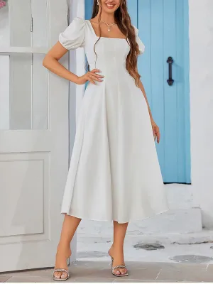 White Puff Sleeves Square Neck Long Dress
