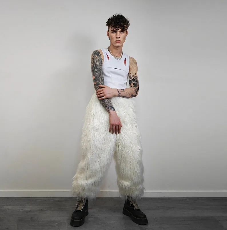 White shaggy fur coat longline hairy trench long hair overcoat fuzzy rave bomber festival jacket acid Burning man customizable peacoat