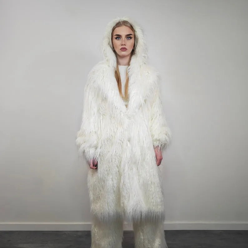 White shaggy fur coat longline hairy trench long hair overcoat fuzzy rave bomber festival jacket acid Burning man customizable peacoat