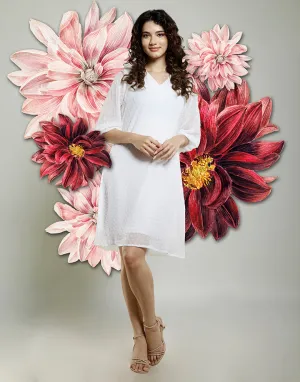 White V-Neck Dress with 3/4 Sleeve