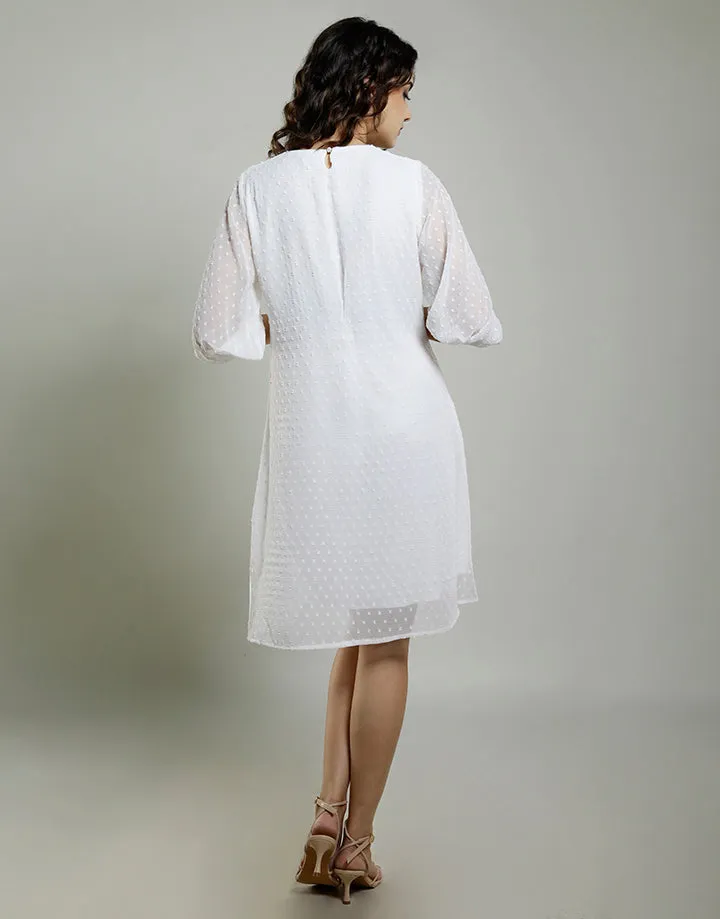 White V-Neck Dress with 3/4 Sleeve