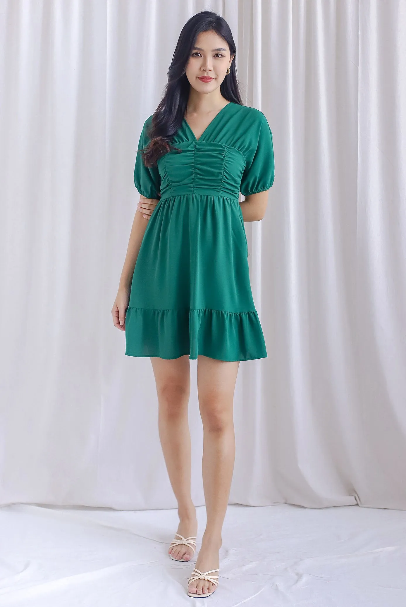 Willa Puffy Sleeve Ruched Romper Dress In Green
