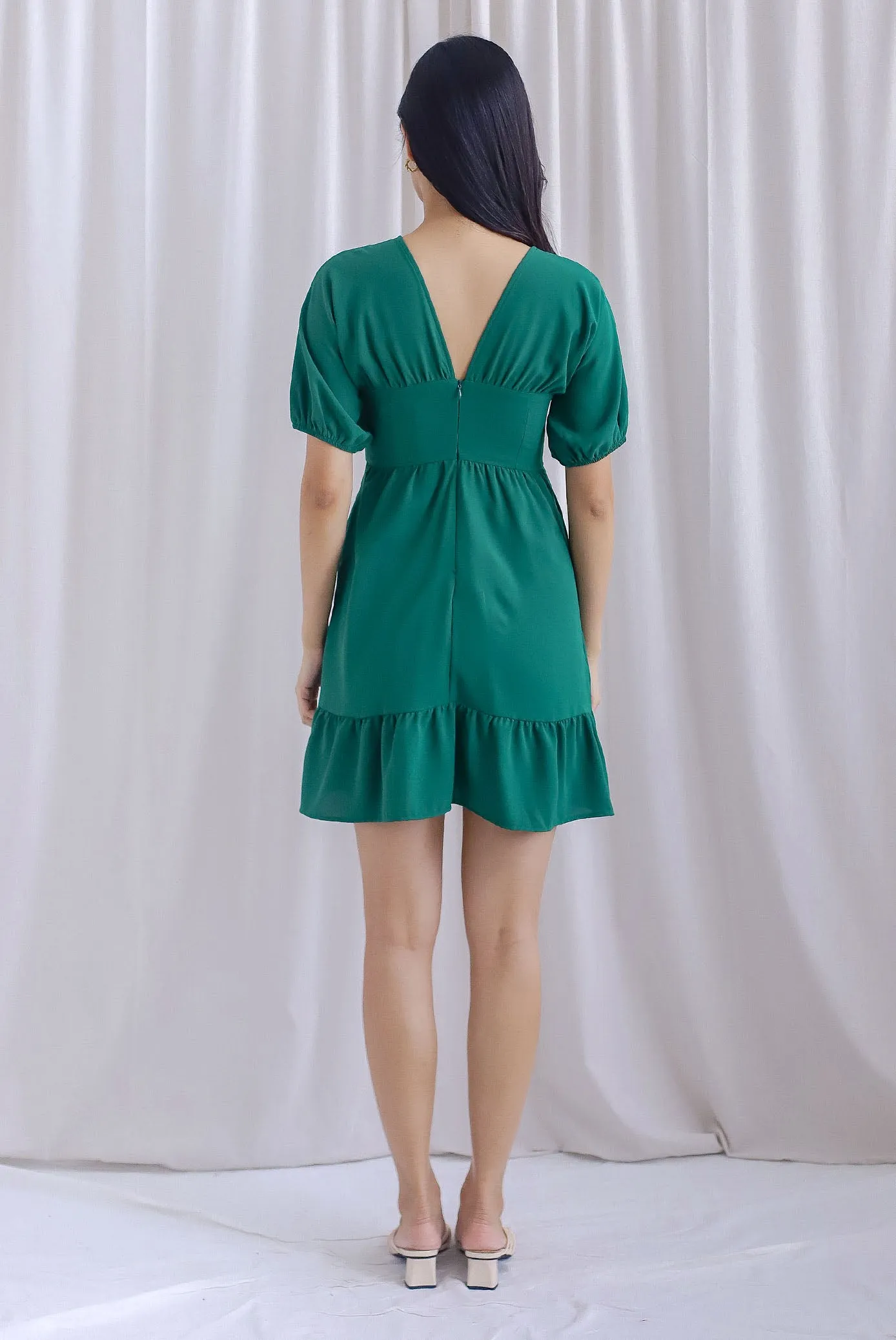 Willa Puffy Sleeve Ruched Romper Dress In Green