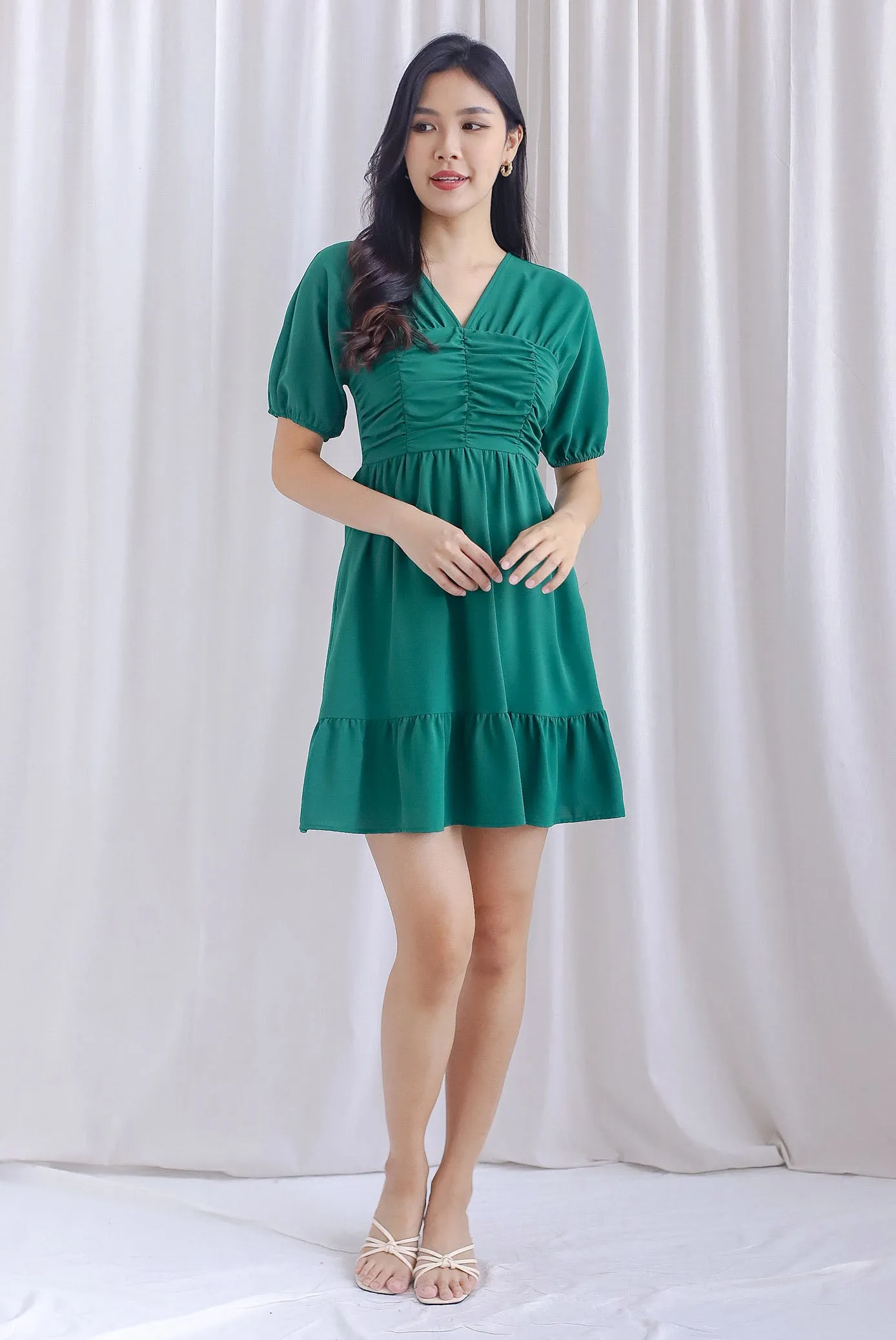 Willa Puffy Sleeve Ruched Romper Dress In Green