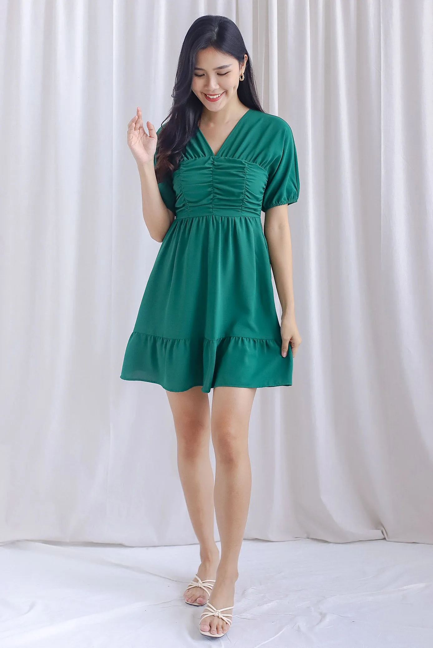 Willa Puffy Sleeve Ruched Romper Dress In Green