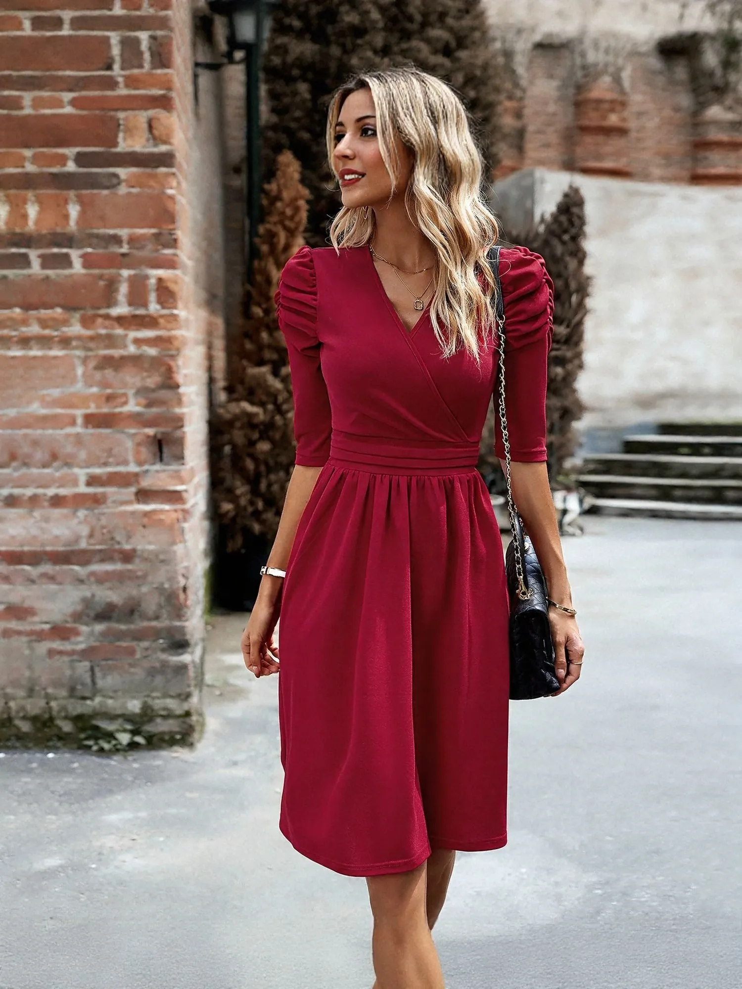 Wine Wrap Mini Dress With Ruching