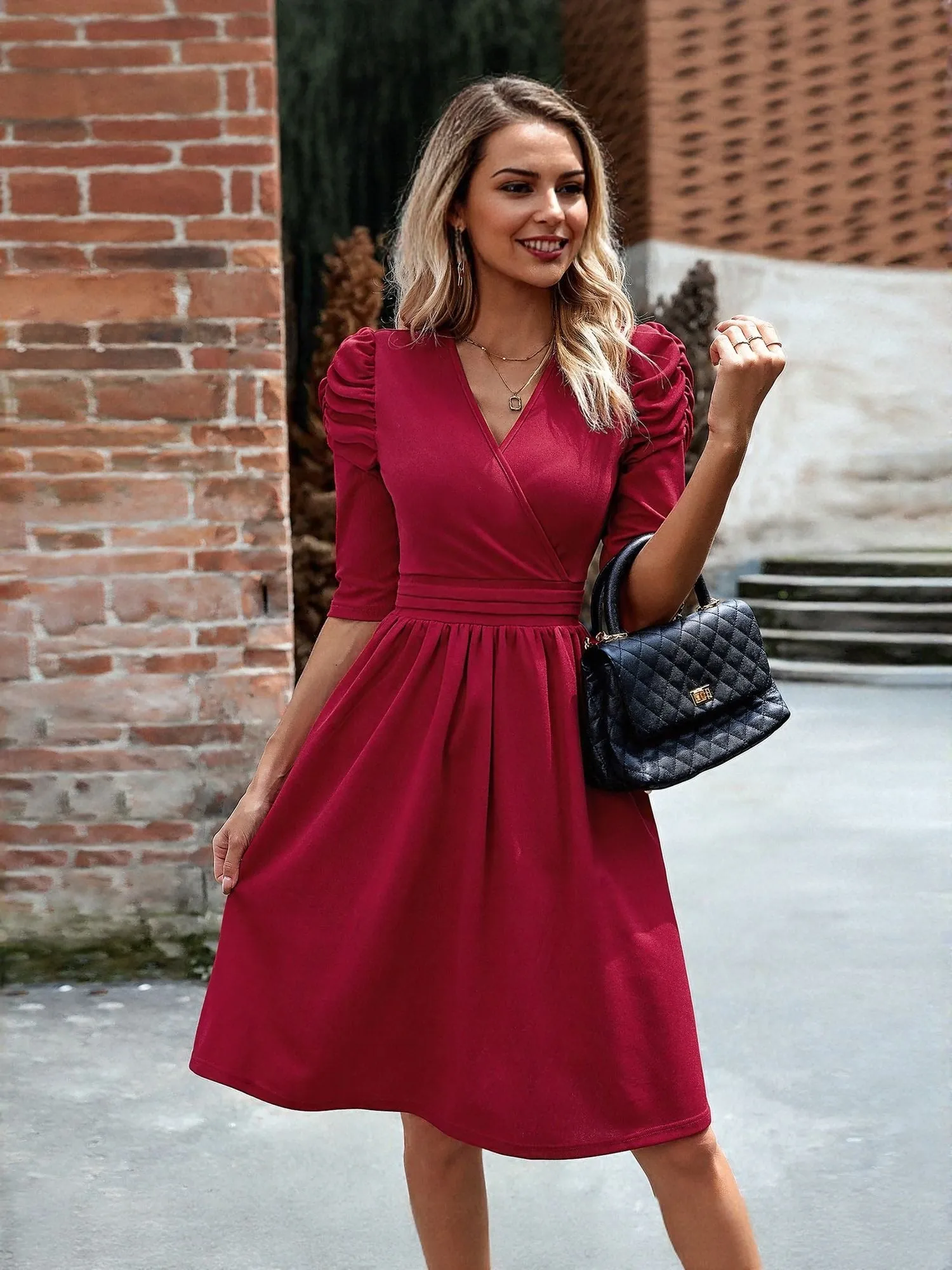 Wine Wrap Mini Dress With Ruching