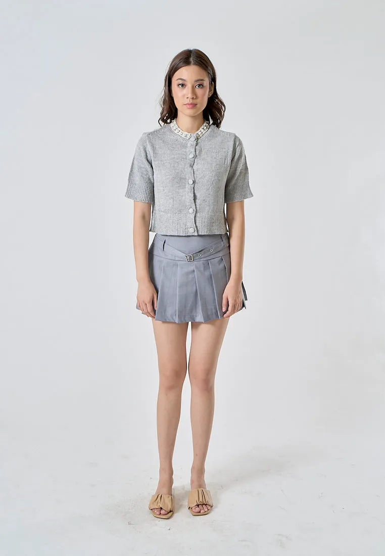 Winslow Moon Gray Pleated Sexy Mini Skirt with Belt