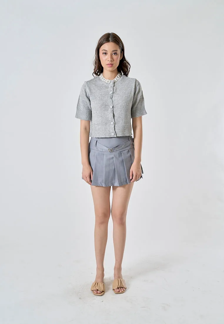 Winslow Moon Gray Pleated Sexy Mini Skirt with Belt