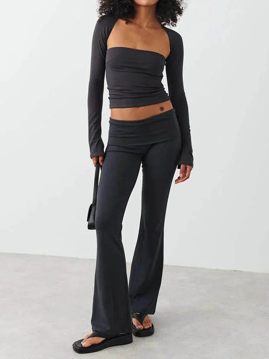 Women 2 Piece Outfit Sets Matching Long Sleeve Basic Crop Top Low Rise
