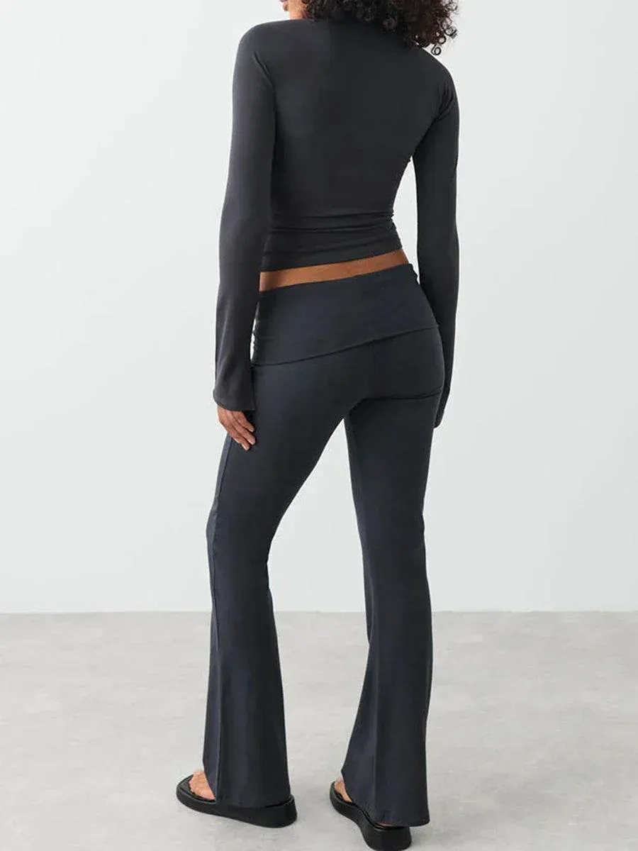 Women 2 Piece Outfit Sets Matching Long Sleeve Basic Crop Top Low Rise
