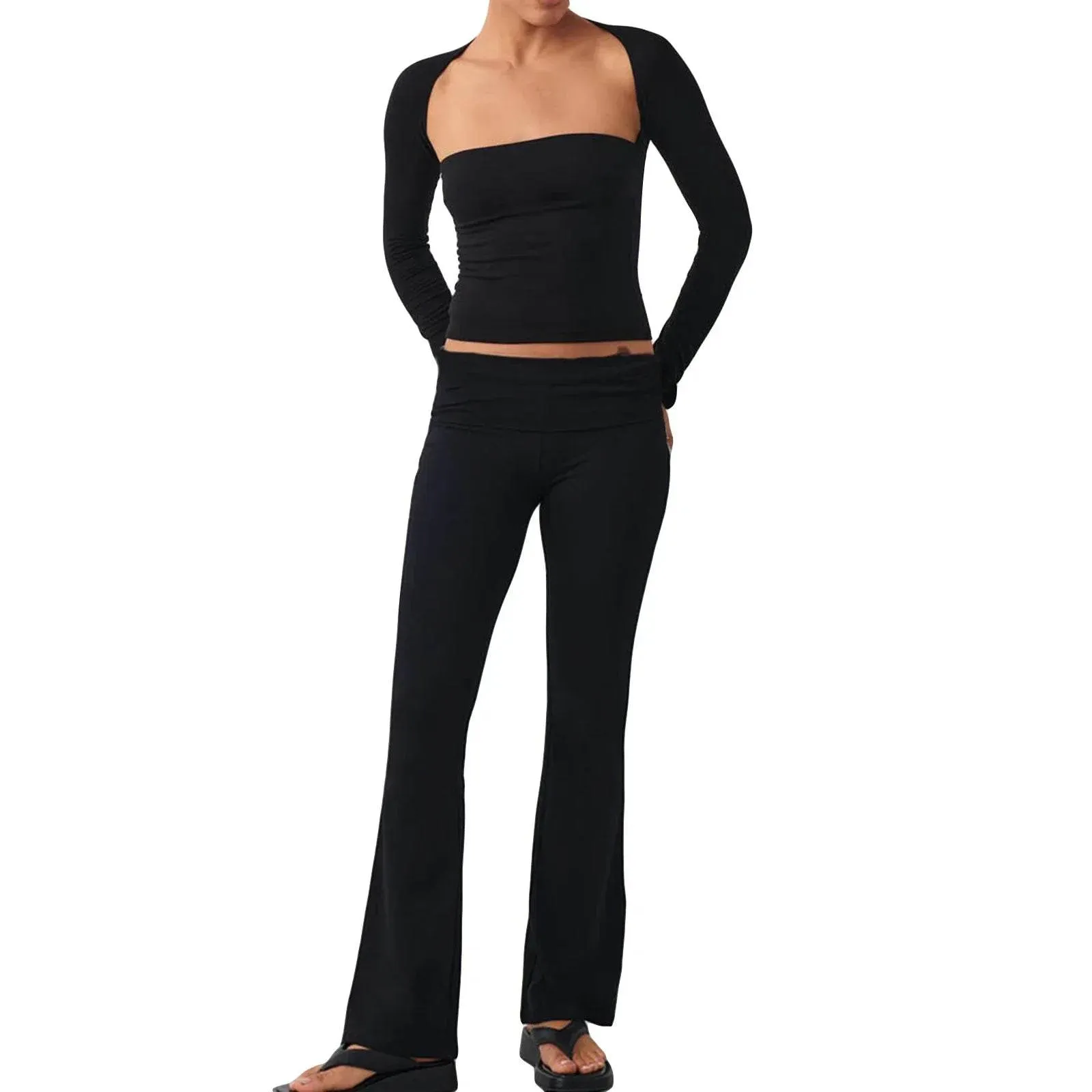Women 2 Piece Outfit Sets Matching Long Sleeve Basic Crop Top Low Rise