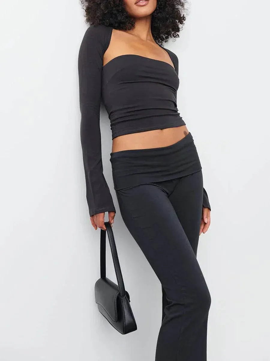 Women 2 Piece Outfit Sets Matching Long Sleeve Basic Crop Top Low Rise