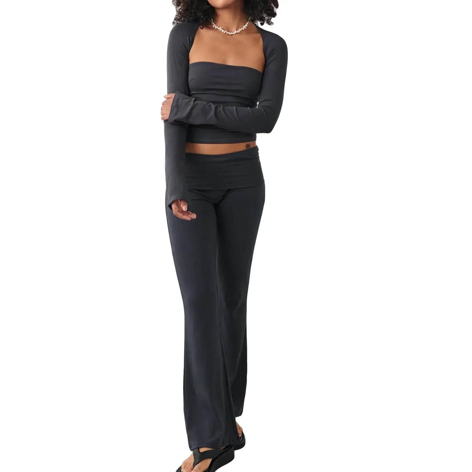 Women 2 Piece Outfit Sets Matching Long Sleeve Basic Crop Top Low Rise