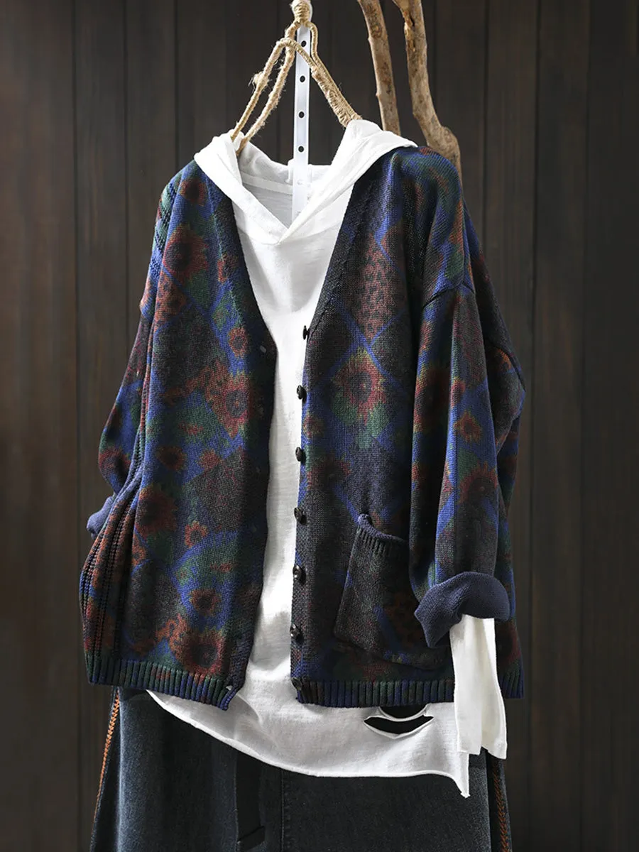 Women Autumn Vintage Flower Knit V-Neck Sweater