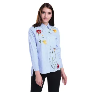 Women Embroidered Floral Striped Blouse OL Fashion Shirt High Asymmetric Length Tops