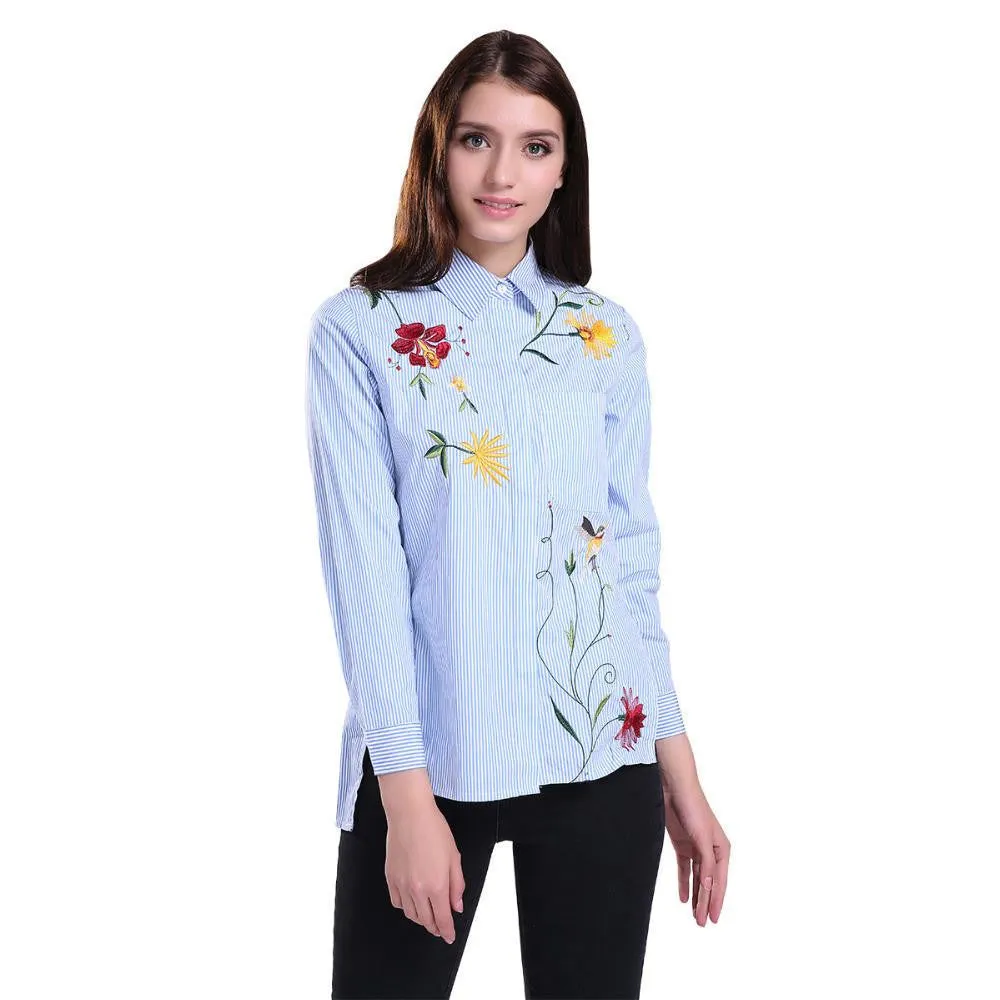 Women Embroidered Floral Striped Blouse OL Fashion Shirt High Asymmetric Length Tops