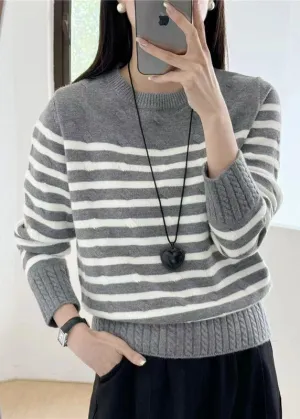 Women Grey Striped Cozy Knit Sweaters Fall