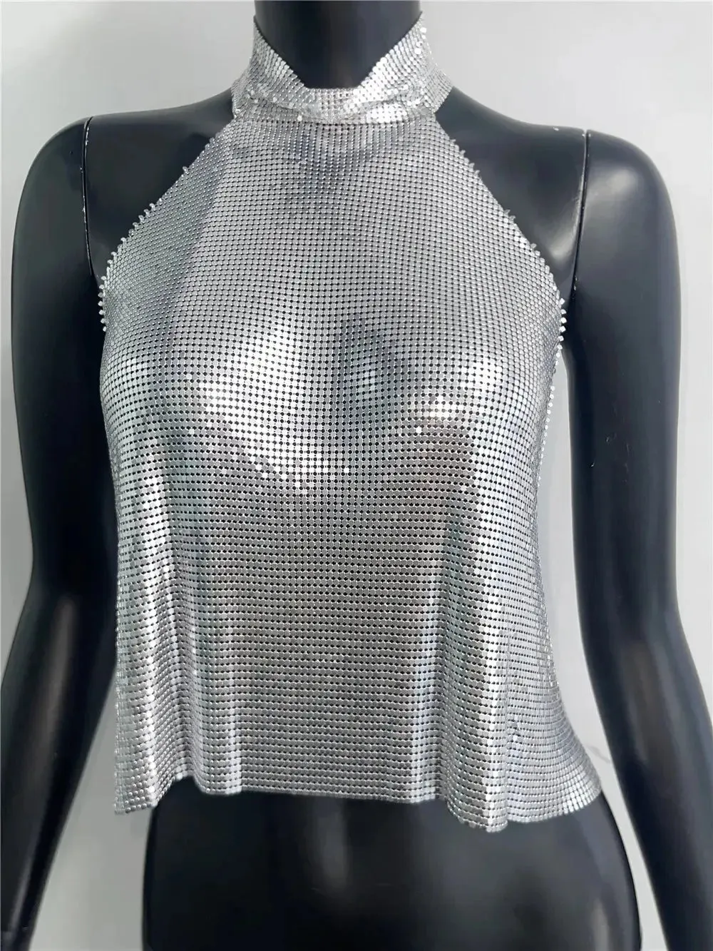 Women Metal Sequins High Collar Halter Neck Tank Top Sexy Backless Off The Shoulder Camisole Vocal Concert Party Crop Tops Y2K