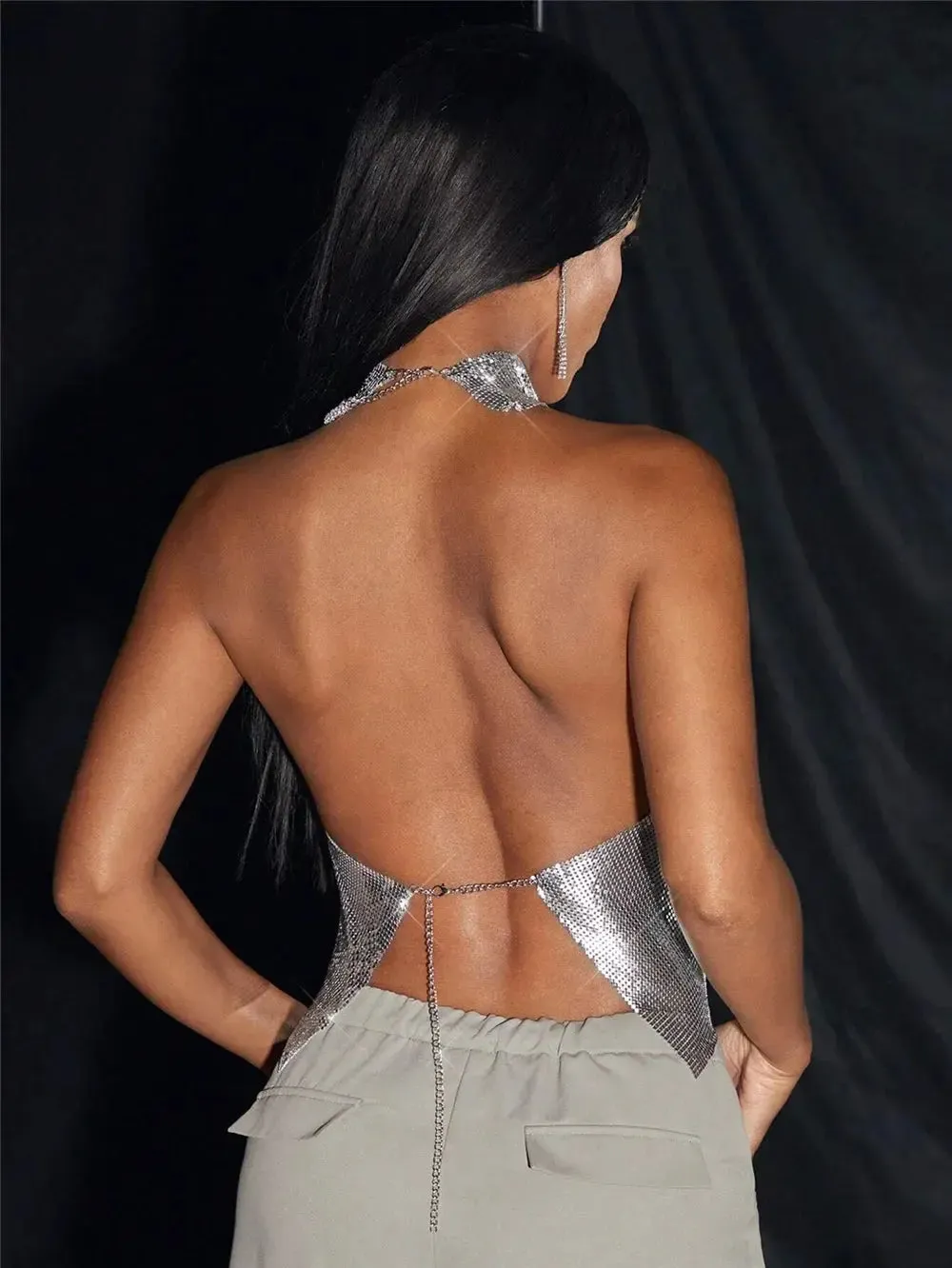 Women Metal Sequins High Collar Halter Neck Tank Top Sexy Backless Off The Shoulder Camisole Vocal Concert Party Crop Tops Y2K