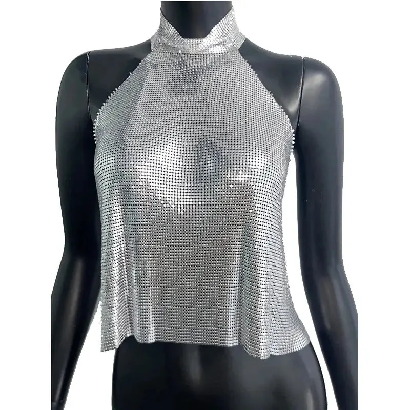 Women Metal Sequins High Collar Halter Neck Tank Top Sexy Backless Off The Shoulder Camisole Vocal Concert Party Crop Tops Y2K