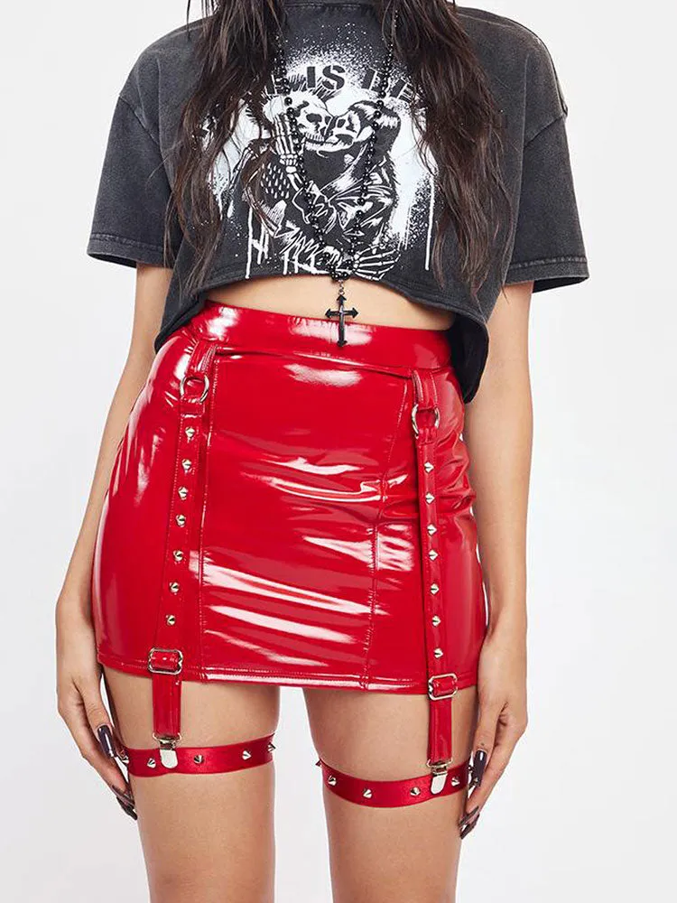 Women Skirts Street wear Mini Skirts Hot Faux Leather Buckle Skirts