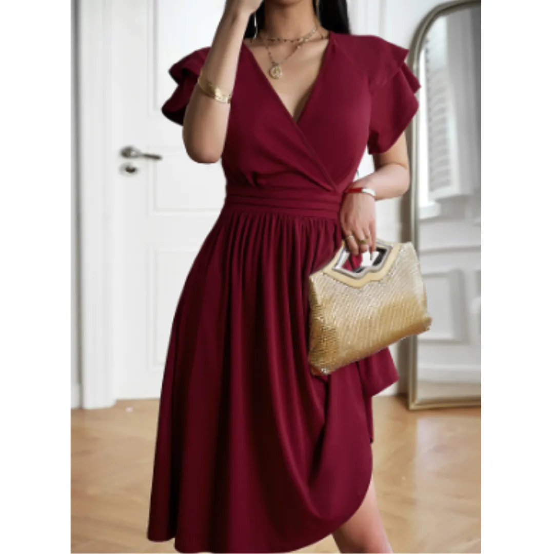Women's Classic Chic Flutter Sleeve Wrap Dress | Midi