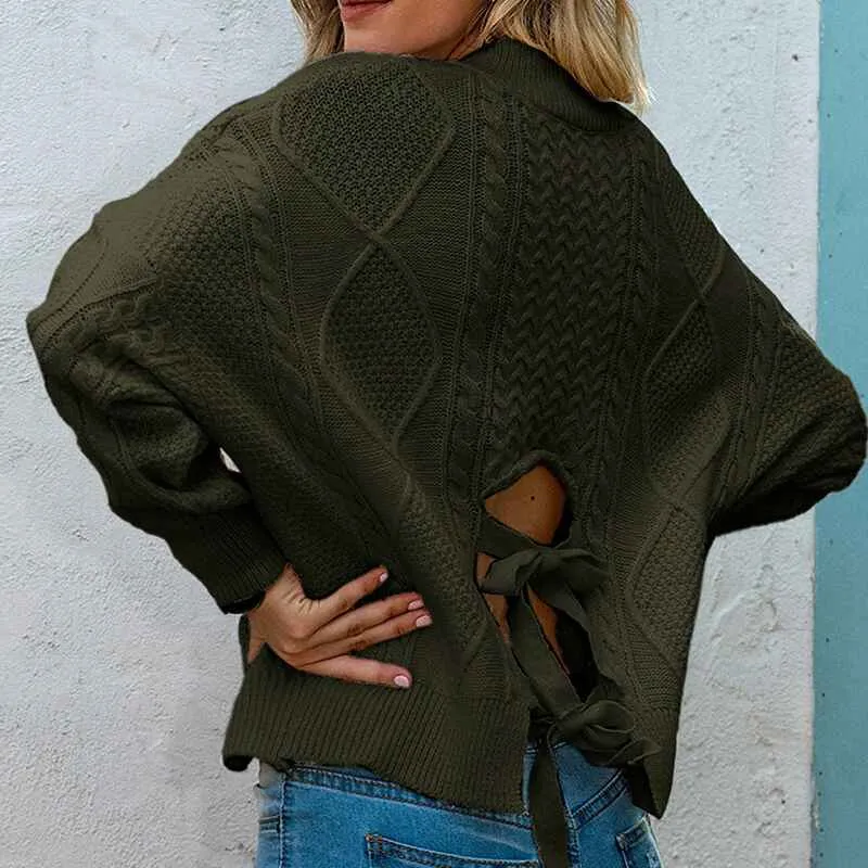 Women's Deep V Neck Sweater Cable Knit Pullover Jumper Casual Long Sleeve Loose Tops Knitwear  K301