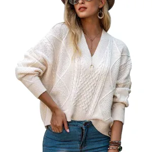 Women's Deep V Neck Sweater Cable Knit Pullover Jumper Casual Long Sleeve Loose Tops Knitwear  K301