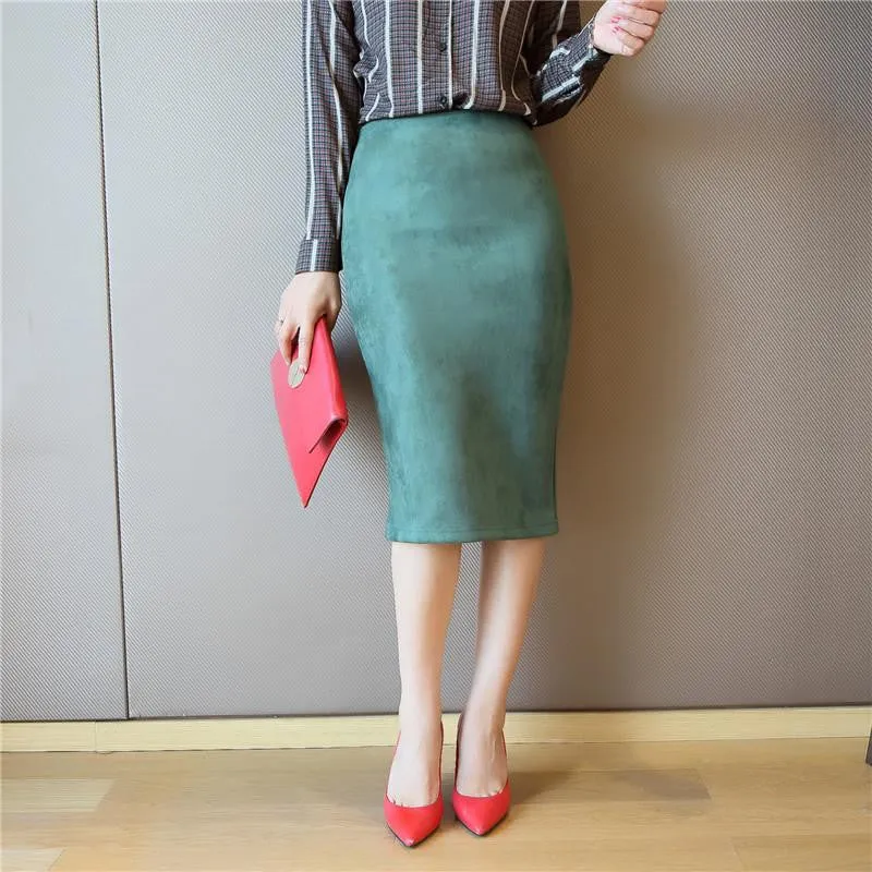 Women's Leather Suede Pencil Skirt Fashion Slim Elastic Hip Step Midi Women Skirts Female
