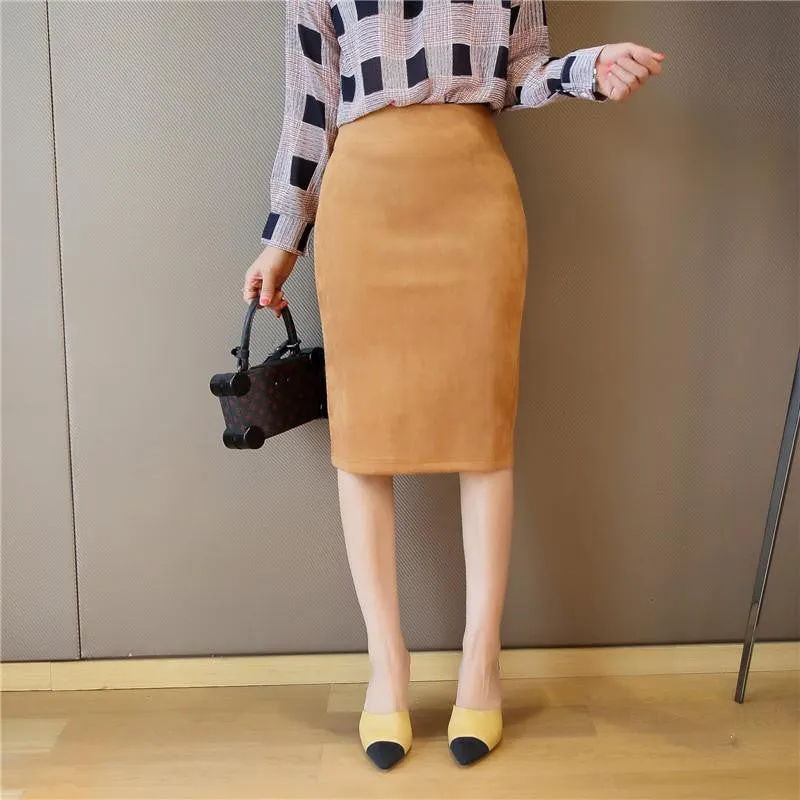 Women's Leather Suede Pencil Skirt Fashion Slim Elastic Hip Step Midi Women Skirts Female