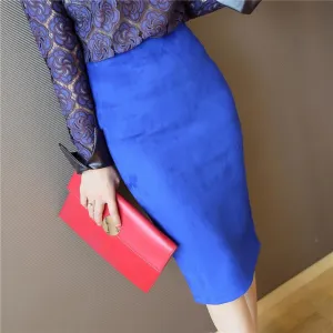 Women's Leather Suede Pencil Skirt Fashion Slim Elastic Hip Step Midi Women Skirts Female