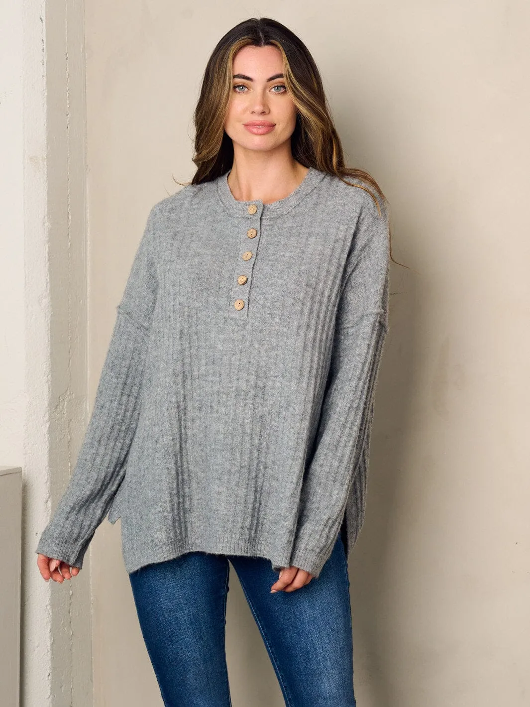 WOMEN'S LONG SLEEVE SIDE SLIT KNIT SWEATER