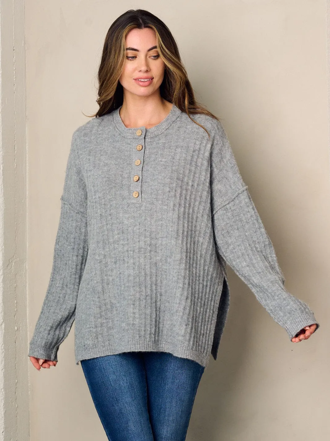 WOMEN'S LONG SLEEVE SIDE SLIT KNIT SWEATER