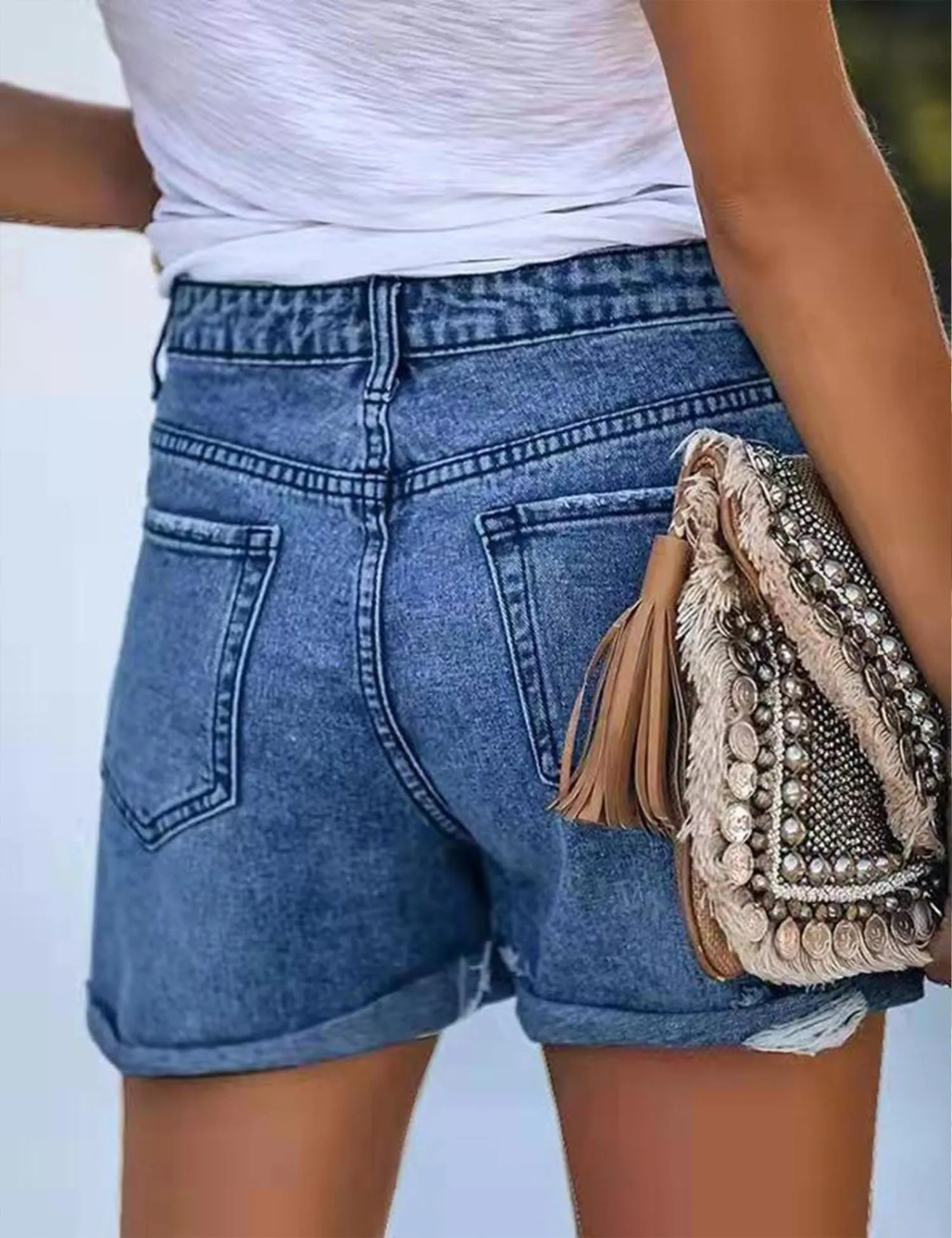 Women's Ripped Cutoff Denim Jean Shorts Mid-High Waist Stretchy Summer Shorts Casual Hot Pants Dark Blue