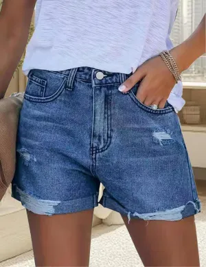 Women's Ripped Cutoff Denim Jean Shorts Mid-High Waist Stretchy Summer Shorts Casual Hot Pants Dark Blue