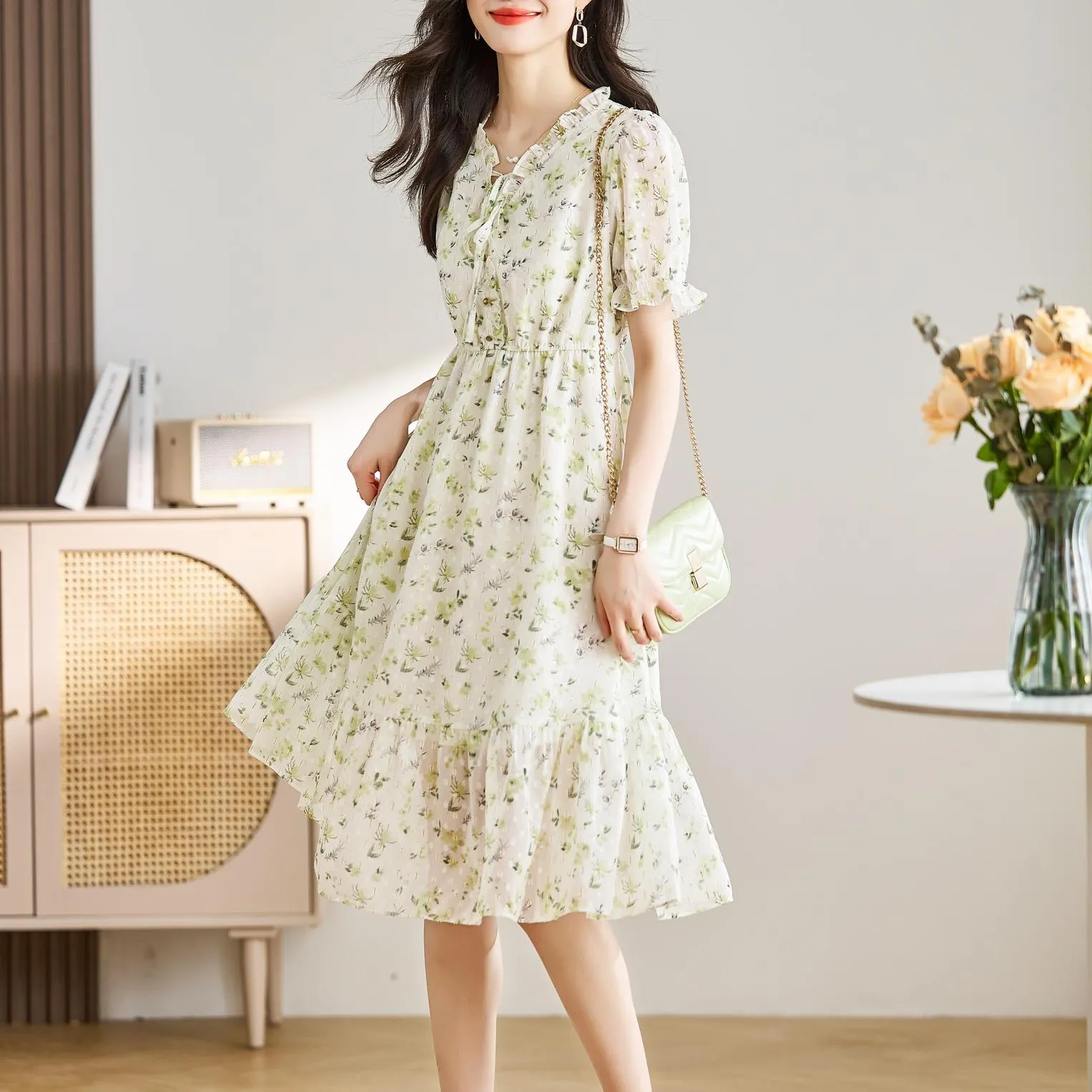 Women's Ruched Dress with Stunning Floral Print and Ruffle Accents